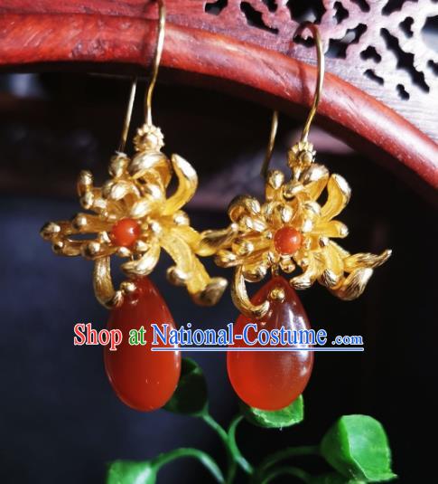 Chinese Handmade Qing Dynasty Golden Chrysanthemum Earrings Traditional Hanfu Ear Jewelry Accessories Classical Court Agate Eardrop for Women