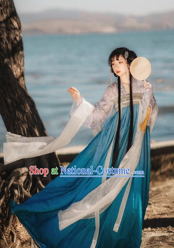 Chinese Tang Dynasty Historical Costumes Traditional Hanfu Garment Ancient Princess Blouse and Blue Chiffon Dress Complete Set