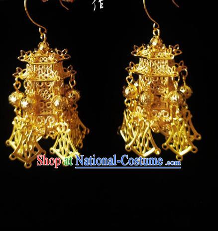 Chinese Handmade Court Golden Earrings Traditional Hanfu Ear Jewelry Accessories Classical Qing Dynasty Palace Eardrop for Women