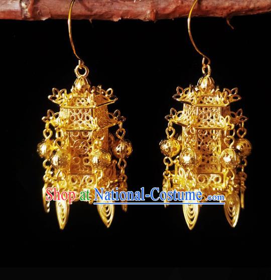 Chinese Handmade Court Golden Earrings Traditional Hanfu Ear Jewelry Accessories Classical Qing Dynasty Palace Eardrop for Women