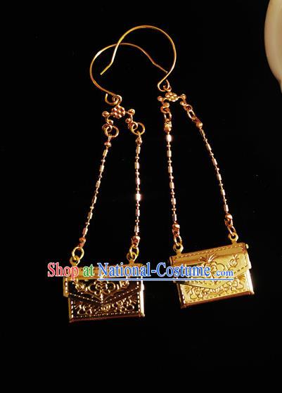 Chinese Handmade Court Earrings Traditional Hanfu Ear Jewelry Accessories Classical Qing Dynasty Golden Envelope Eardrop for Women