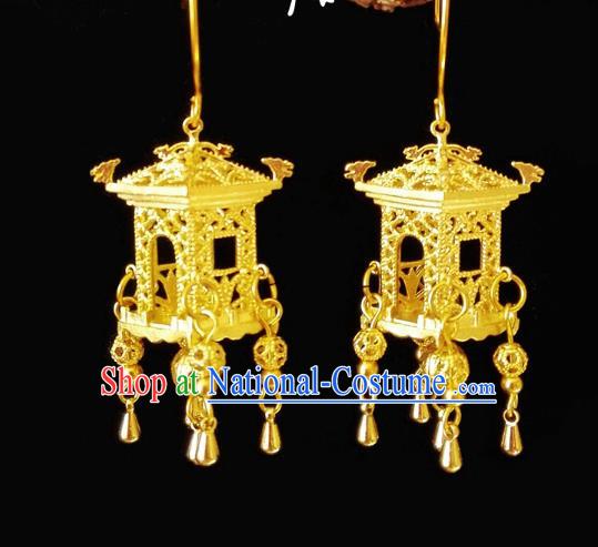 Chinese Handmade Palace Golden Earrings Traditional Hanfu Ear Jewelry Accessories Classical Ming Dynasty Tassel Eardrop for Women