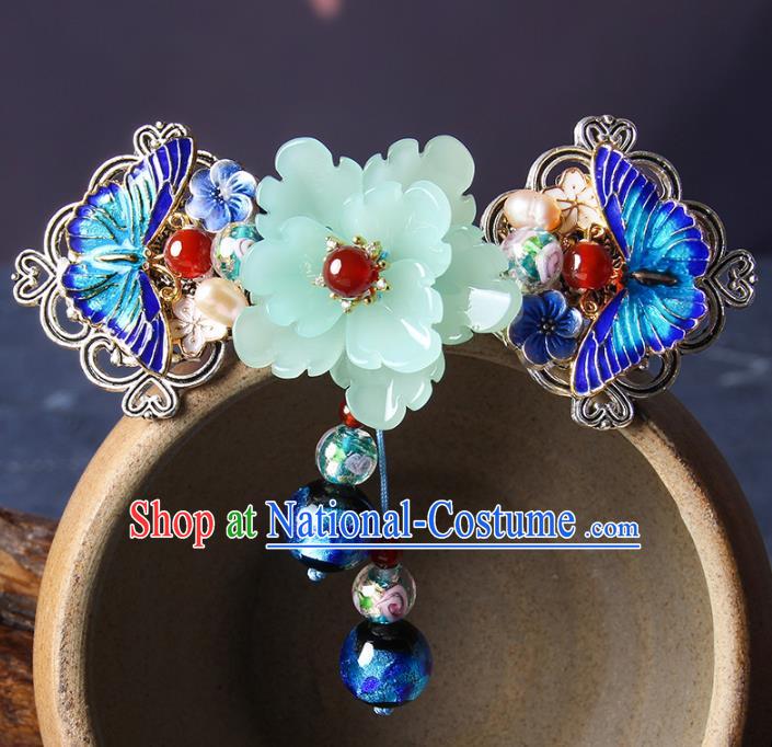 Chinese Traditional Cloisonne Butterfly Hair Claw Hair Accessories Decoration Handmade Hair Accessories Blue Peony Hair Stick for Women