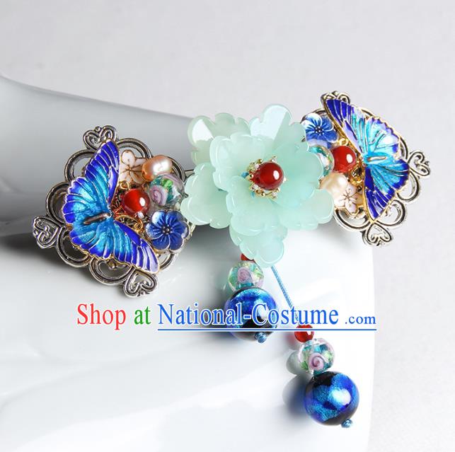 Chinese Traditional Cloisonne Butterfly Hair Claw Hair Accessories Decoration Handmade Hair Accessories Blue Peony Hair Stick for Women