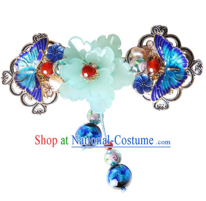 Chinese Traditional Cloisonne Butterfly Hair Claw Hair Accessories Decoration Handmade Hair Accessories Blue Peony Hair Stick for Women