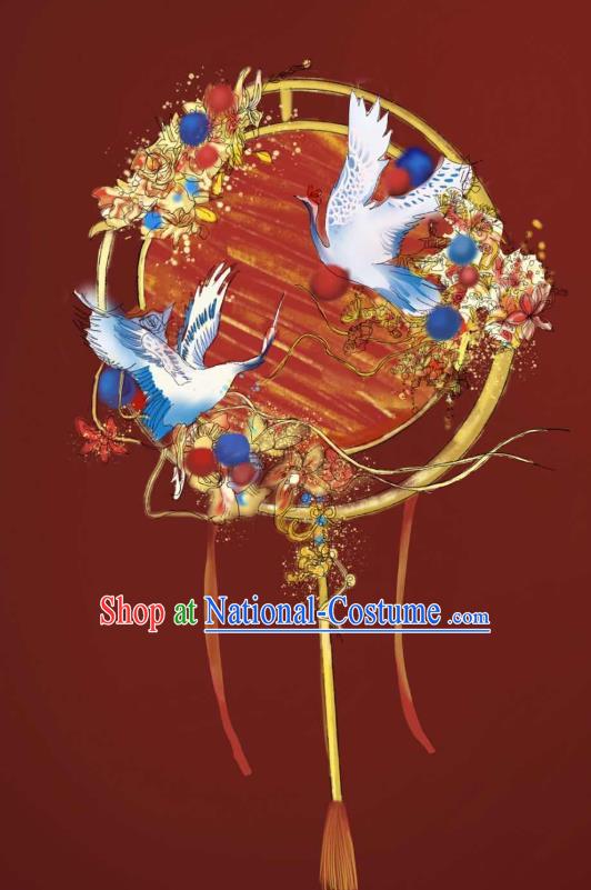 Top Grade Chinese Classical Wedding Red Round Fan Accessories Handmade Ancient Bride Embroidered Crane Palace Fans for Women