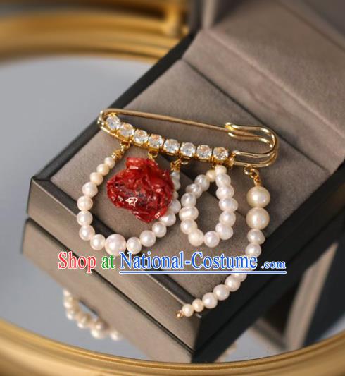 Top Grade Classical Red Rose Brooch Accessories Handmade Sweater Crystal Breastpin Pearls Ornaments for Women