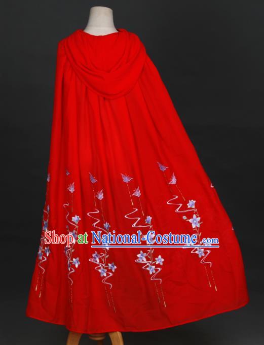 Traditional Chinese Hanfu Red Cloak Ancient Costume Embroidered Butterfly Flowers Cape with Cap for Women