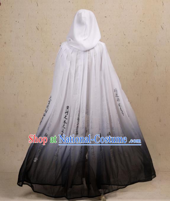 Traditional Chinese Hanfu Ink Painting Cloak Ancient Costume Gradient Cape with Cap for Women