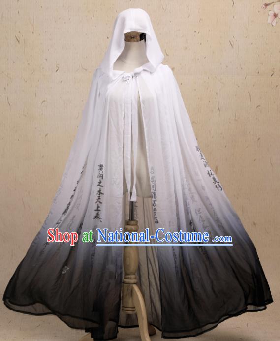 Traditional Chinese Hanfu Ink Painting Cloak Ancient Costume Gradient Cape with Cap for Women