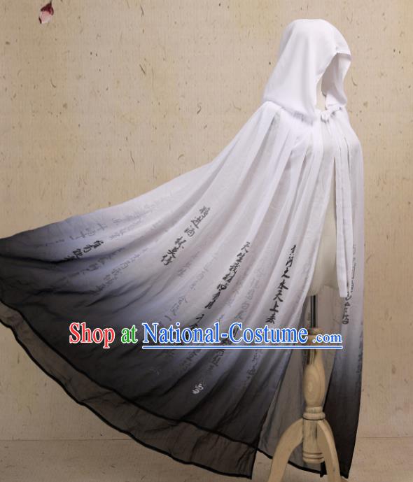 Traditional Chinese Hanfu Ink Painting Cloak Ancient Costume Gradient Cape with Cap for Women