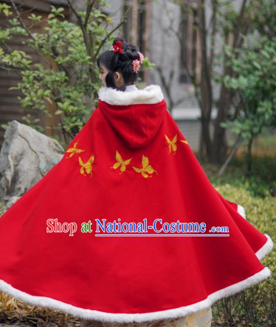 Traditional Chinese Hanfu Red Woolen Cloak Ancient Costume Winter Embroidered Butterfly Cape with Cap for Women