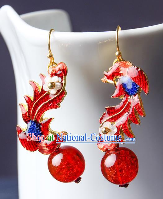 Traditional Chinese Red Phoenix Ear Accessories Handmade Eardrop National Cheongsam Glass Earrings for Women