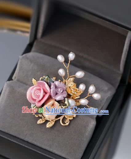 Top Grade Classical Colorful Roses Brooch Accessories Handmade Cheongsam Golden Breastpin for Women