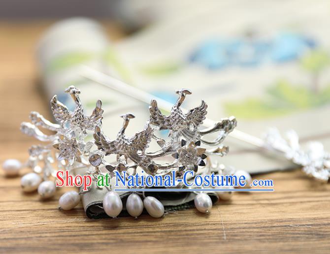 Chinese Traditional Ancient Princess Argent Phoenix Pearls Tassel Hair Crown and Hairpin Hair Clip Hanfu Hair Accessories Headwear for Women