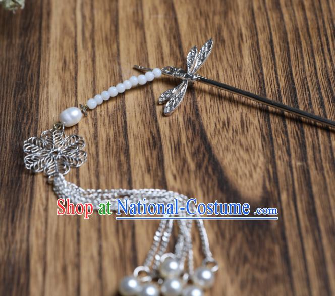 Chinese Traditional Ancient Princess Argent Dragonfly Hair Clip Hanfu Hair Accessories Headwear Tassel Hairpin for Women