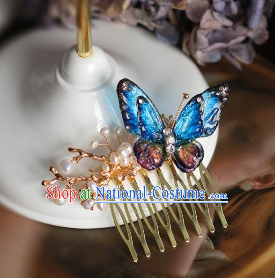 Handmade Retro Blue Butterfly Hair Comb Top Grade Hair Accessories Hair Stick Pearls Hair Pin for Women