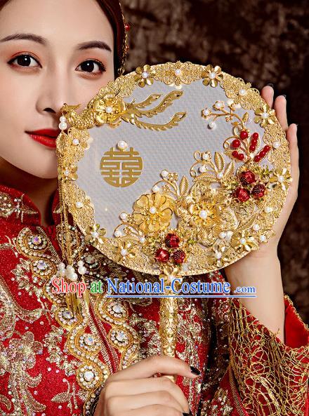 Top Grade Chinese Classical Wedding Golden Round Fan Accessories Handmade Ancient Bride Phoenix Tassel Palace Fans for Women