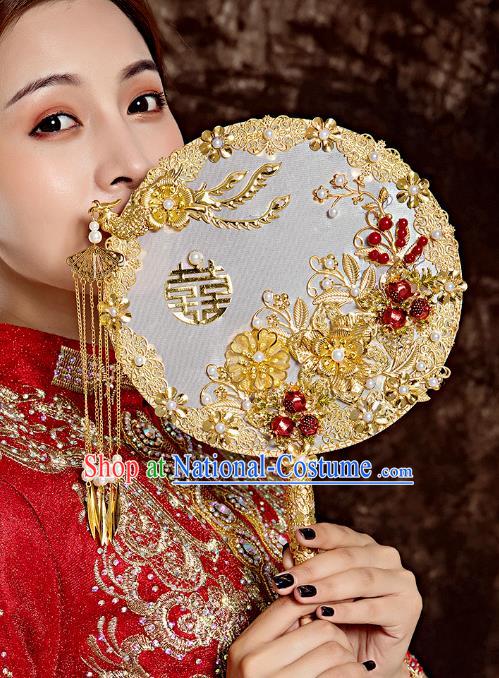 Top Grade Chinese Classical Wedding Golden Round Fan Accessories Handmade Ancient Bride Phoenix Tassel Palace Fans for Women