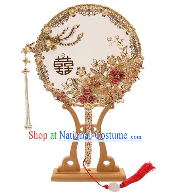 Top Grade Chinese Classical Wedding Golden Round Fan Accessories Handmade Ancient Bride Phoenix Tassel Palace Fans for Women