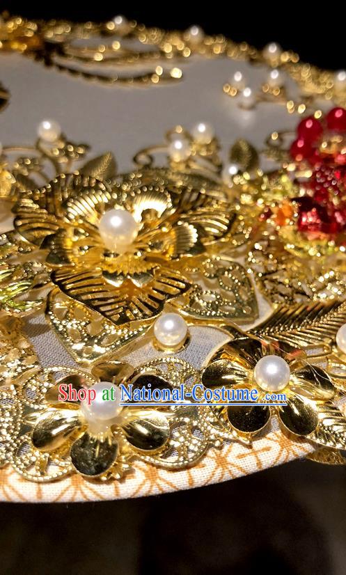 Top Grade Chinese Classical Wedding Golden Round Fan Accessories Handmade Ancient Bride Phoenix Tassel Palace Fans for Women