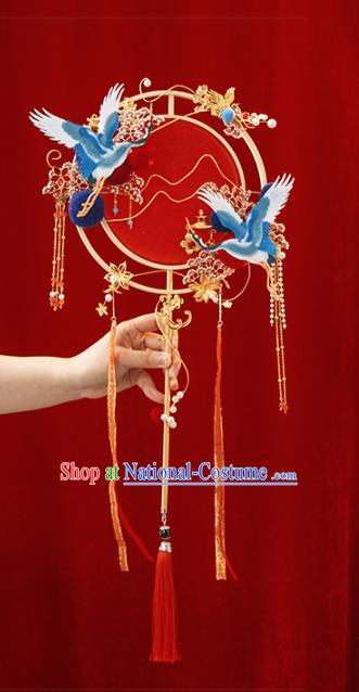 Top Grade Chinese Classical Wedding Cranes Plum Round Fan Accessories Handmade Ancient Bride Red Palace Fans for Women