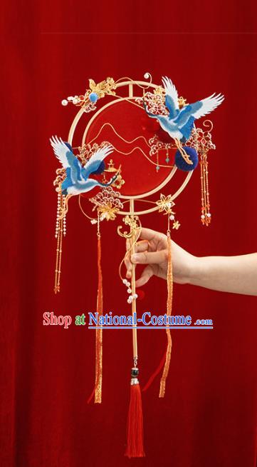 Top Grade Chinese Classical Wedding Cranes Plum Round Fan Accessories Handmade Ancient Bride Red Palace Fans for Women