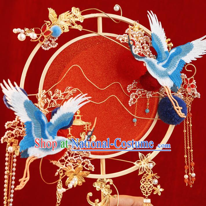 Top Grade Chinese Classical Wedding Cranes Plum Round Fan Accessories Handmade Ancient Bride Red Palace Fans for Women