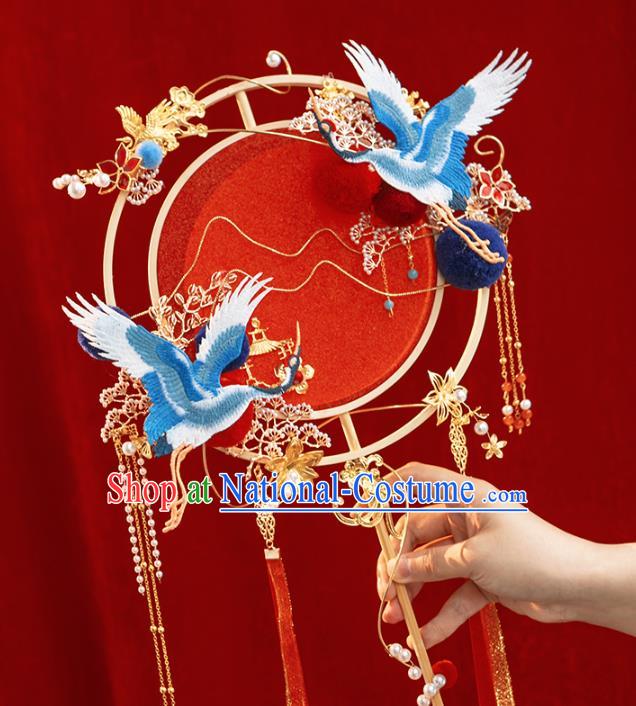 Top Grade Chinese Classical Wedding Cranes Plum Round Fan Accessories Handmade Ancient Bride Red Palace Fans for Women