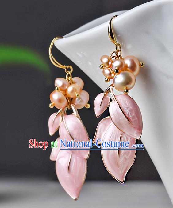 Traditional Chinese Pink Leaf Ear Accessories Handmade Eardrop National Cheongsam Pearls Earrings for Women