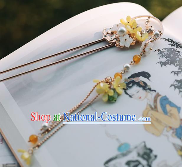 Handmade Chinese Classical Hair Accessories Ancient Princess Hanfu Headwear Yellow Fragrans Tassel Hairpins for Women