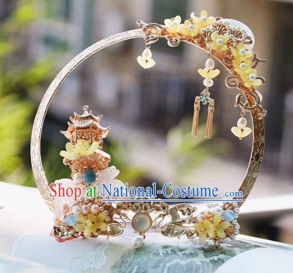 Handmade Chinese Palace Hair Crown Classical Hair Accessories Ancient Princess Hanfu Yellow Fragrans Hairpins Headwear for Women