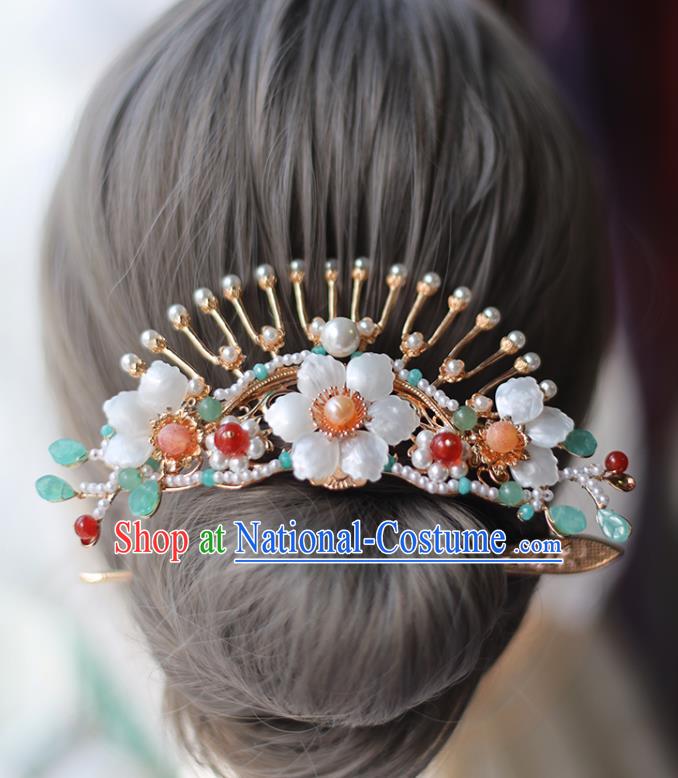 Handmade Chinese Tang Dynasty Pearls Hair Clip Traditional Classical Hanfu Hair Accessories Ancient Princess Shell Flower Hairpins for Women