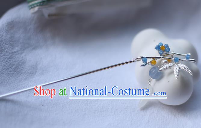 Handmade Chinese Argent Bamboo Leaf Hair Clip Traditional Classical Hanfu Hair Accessories Ancient Princess Blue Plum Hairpins for Women