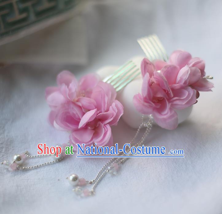 Handmade Chinese Pink Silk Flower Tassel Hair Combs Traditional Classical Hanfu Hair Accessories Ancient Princess Hairpins for Women