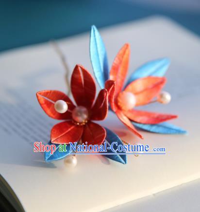 Handmade Chinese Red Silk Flowers Hairpins Traditional Classical Hair Accessories Ancient Princess Hair Clip for Women