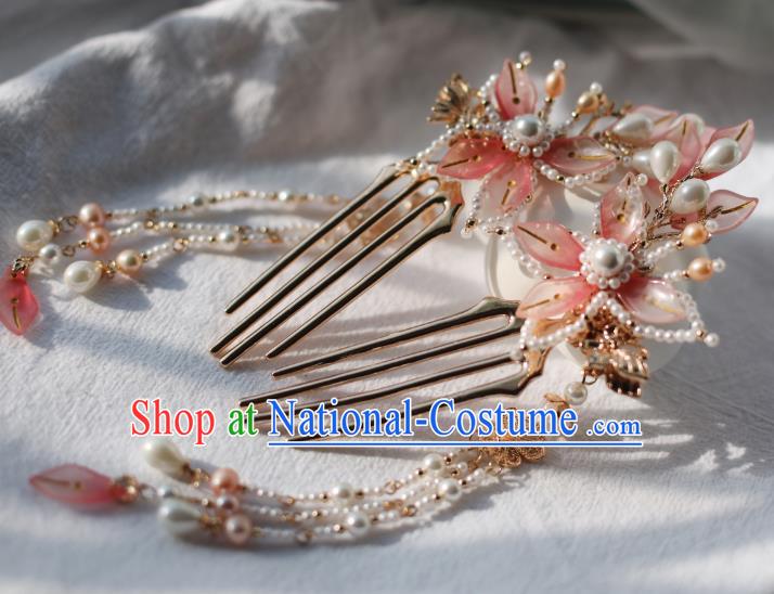 Handmade Chinese Pink Lotus Hair Combs Traditional Classical Hanfu Hair Accessories Ancient Princess Pearls Tassel Hairpins for Women