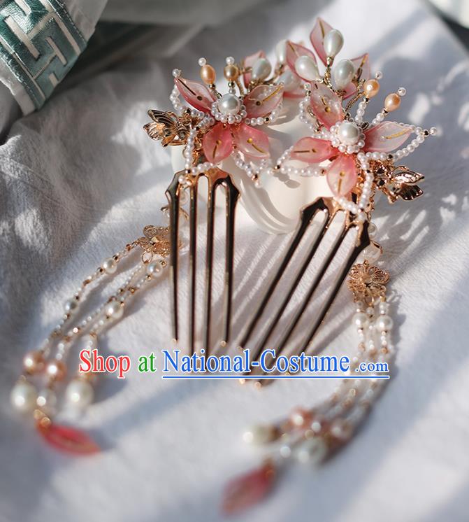 Handmade Chinese Pink Lotus Hair Combs Traditional Classical Hanfu Hair Accessories Ancient Princess Pearls Tassel Hairpins for Women