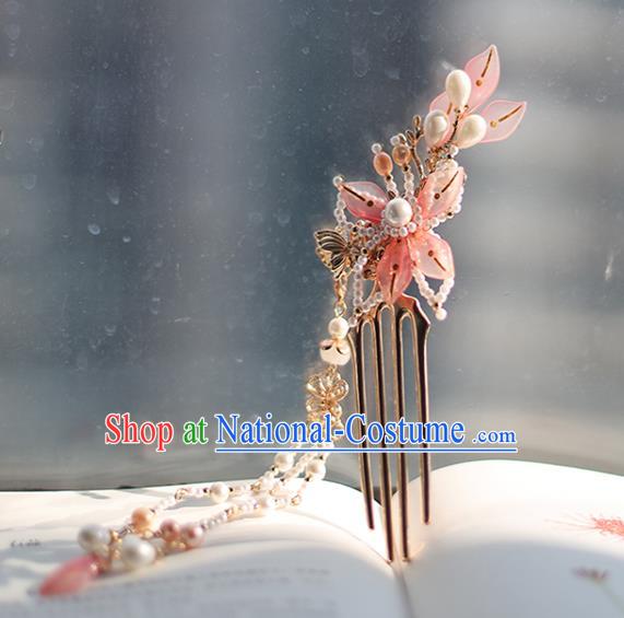 Handmade Chinese Pink Lotus Hair Combs Traditional Classical Hanfu Hair Accessories Ancient Princess Pearls Tassel Hairpins for Women