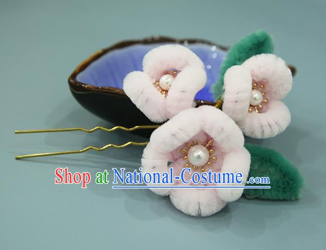 Handmade Chinese Qing Dynasty Pink Velvet Peach Blossom Hairpins Traditional Classical Hair Accessories Ancient Imperial Consort Hair Clip for Women