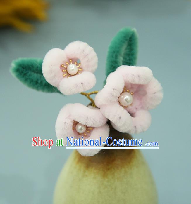 Handmade Chinese Qing Dynasty Pink Velvet Peach Blossom Hairpins Traditional Classical Hair Accessories Ancient Imperial Consort Hair Clip for Women