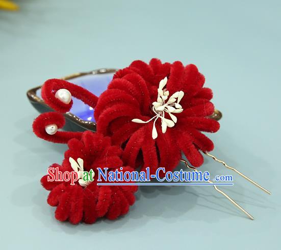 Handmade Chinese Qing Dynasty Red Velvet Chrysanthemum Hairpins Traditional Classical Hair Accessories Ancient Imperial Consort Hair Clip for Women