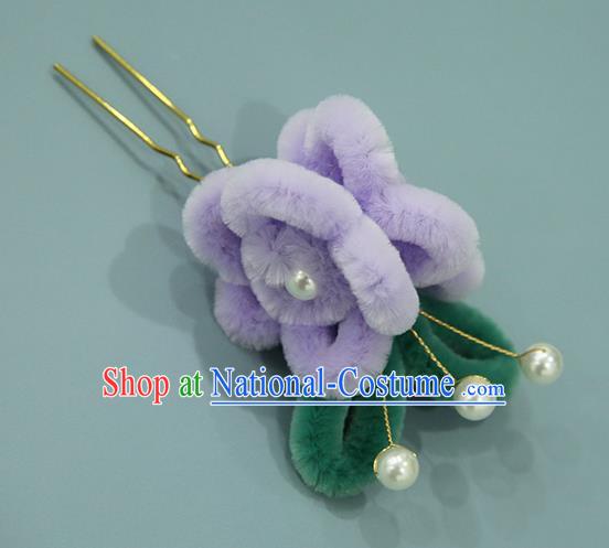 Handmade Chinese Qing Dynasty Purple Velvet Peach Blossom Hairpins Traditional Classical Hair Accessories Ancient Imperial Consort Hair Clip for Women