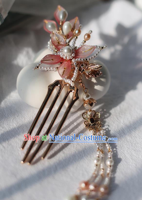 Handmade Chinese Pink Lotus Hair Combs Traditional Classical Hanfu Hair Accessories Ancient Princess Pearls Tassel Hairpins for Women