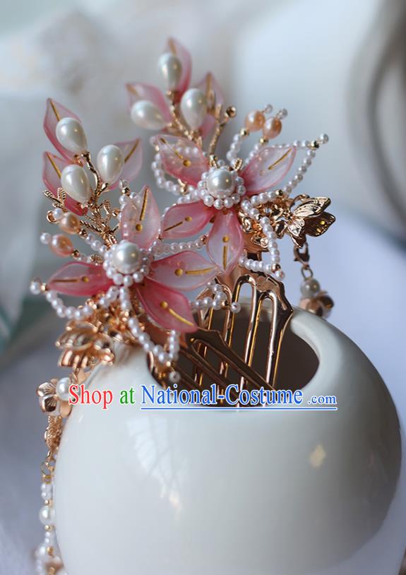 Handmade Chinese Pink Lotus Hair Combs Traditional Classical Hanfu Hair Accessories Ancient Princess Pearls Tassel Hairpins for Women