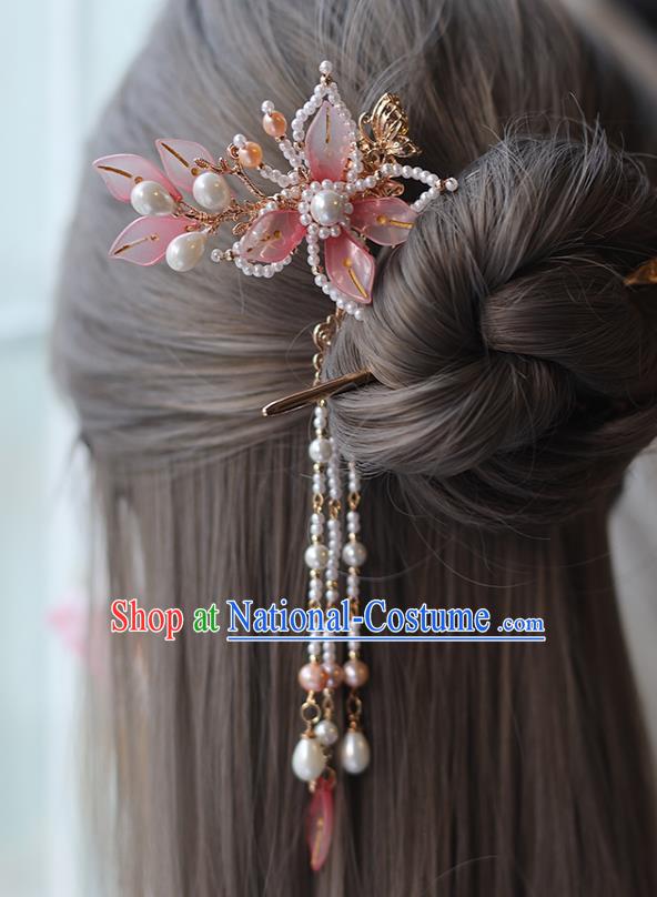 Handmade Chinese Pink Lotus Hair Combs Traditional Classical Hanfu Hair Accessories Ancient Princess Pearls Tassel Hairpins for Women