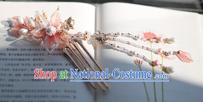 Handmade Chinese Pink Lotus Hair Combs Traditional Classical Hanfu Hair Accessories Ancient Princess Pearls Tassel Hairpins for Women