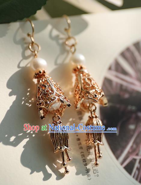 Traditional Chinese Handmade Golden Earrings Ancient Hanfu Court Ear Accessories for Women