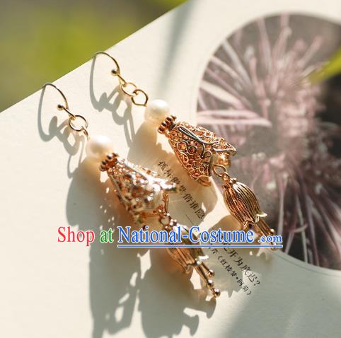 Traditional Chinese Handmade Golden Earrings Ancient Hanfu Court Ear Accessories for Women