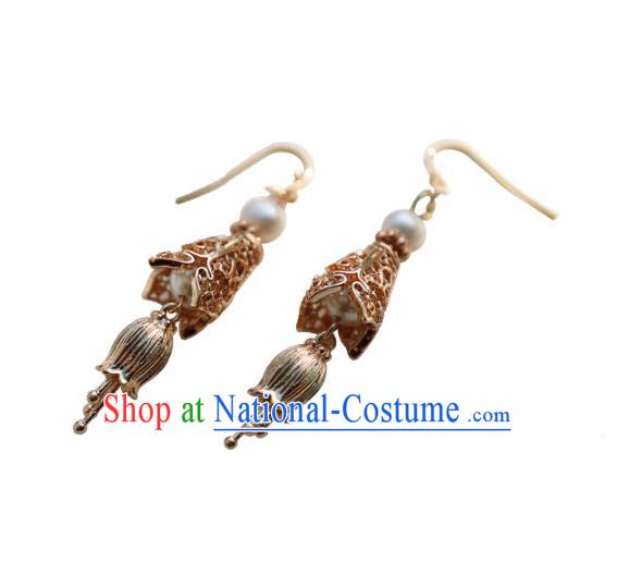 Traditional Chinese Handmade Golden Earrings Ancient Hanfu Court Ear Accessories for Women